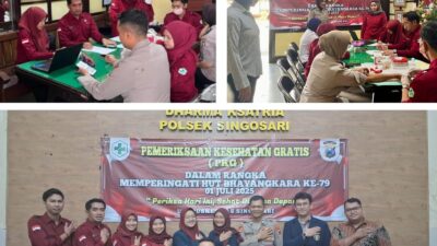 Sinergitas Puskesmas Dan Polsek Singosari Di HUT Bhayangkara ke-79 Tahun Pemeriksaan Kesehatan Gratis