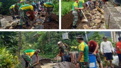 Prajurit Yonarmed 1 Kostrad Laksanakan Karya Bakti Pengecoran Jalan di Gang Sumber Candirenggo